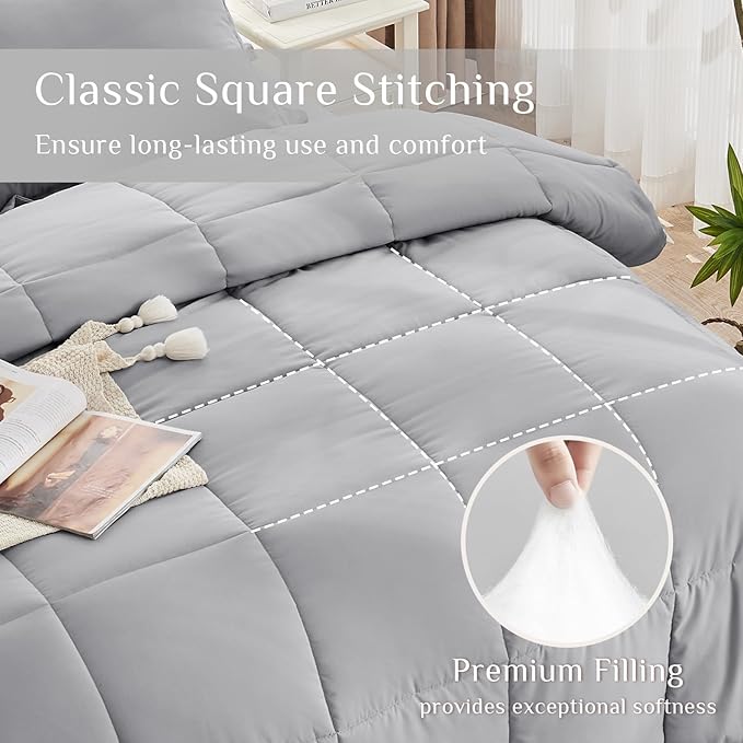 JOLLYVOGUE California King Comforter Set, Ultra-Soft Bed in a Bag Cal King Size 7 Pieces, Oeko-TEX Certified Bedding Set with Down Alternative Comforter, Sheets, Pillowcases & Shams, Light Grey