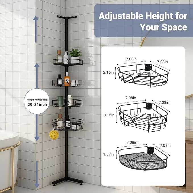 Standing Shower Caddy Corner, 4-Tier Adjustable Height Bathroom Organizer, 6-Section Pole, Sturdy Floor Standing Shelf for Shower or Bathtub – No Drilling, No Spring Tension - Image 5