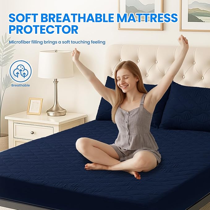 Waterproof Mattress Protector,Full Mattress Protector Fitted Up to 16" Deep Pocket, Soft Breathable Bed Mattress Cover for Bedroom,Doom Room Machine Washable,(Navy Blue)