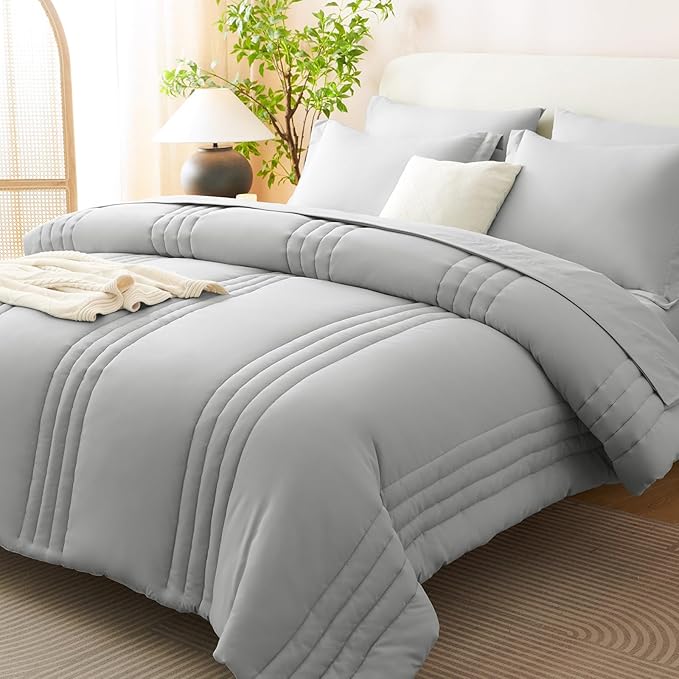 CozyLux King Comforter Set - 7 Pieces Bed in a Bag Light Grey Comforter Set with Sheets Luxury Bed Set All Seasons, Soft Bedding Set with Down Alternative Comforter, Sheets, Pillowcases & Shams