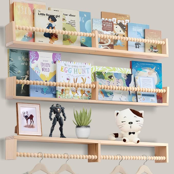 birola Nursery Book Shelves for Kids Rooms - 32 Inches Floating Wall Bookshelves Set of 3, Space-Saving Nursery Shelves with Beads Design for Kids Room, Bedroom and Study Room(Natural) - Image 2