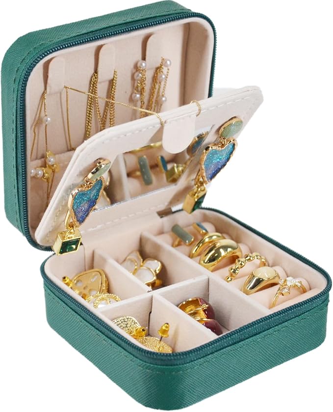 OceeK Travel Jewelry Case Box Organizer with Mirror,Travel Jewelry Box Holder Stocking Stuffers,Green,1 Pack by OceeK