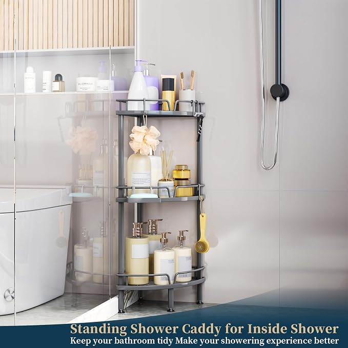 Consumest Corner Shower Caddy Stand - 3 Tier Shower Organizer with Soap Holder, Tall Floor Corner Shelf Standing with Adjustable Feet & 4 Hooks, Storage Rack for Bathroom Grey - Image 5