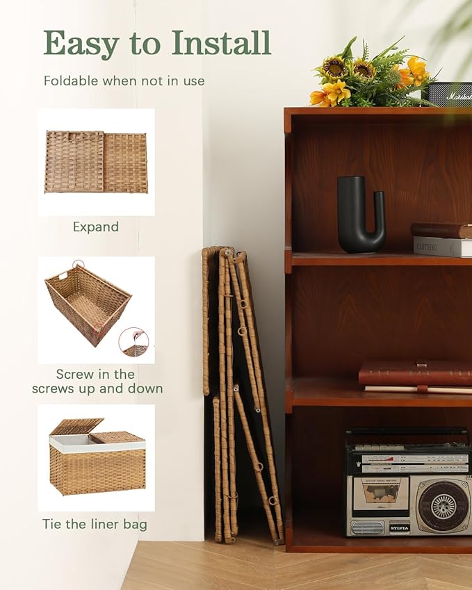 SETVSON Storage Basket with Lid Rattan Woven Storage Baskets with 2 Separate Lids, 17.2 Gallon (65 L), 22 x 13 x 13.8 Inches,Foldable, 2 Removable Liner Bags Handles for Bedroom, Laundry Room Natural - Image 6