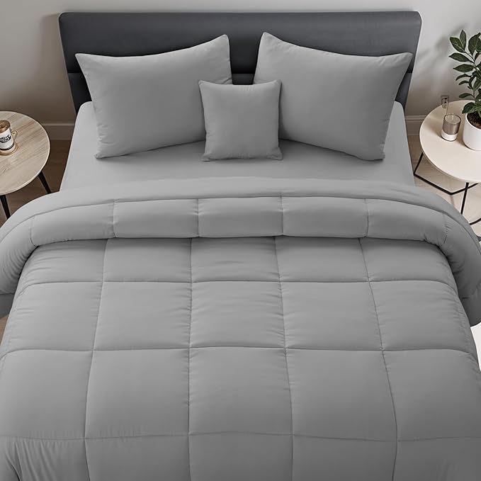 LUX Décor 5pc King Comforter Set, All-in-One Bed in a Bag, Includes 1 Comforter, 2 Pillow Shams, 1 Decorative Pillow & 1 Bed Skirt (Grey, King)