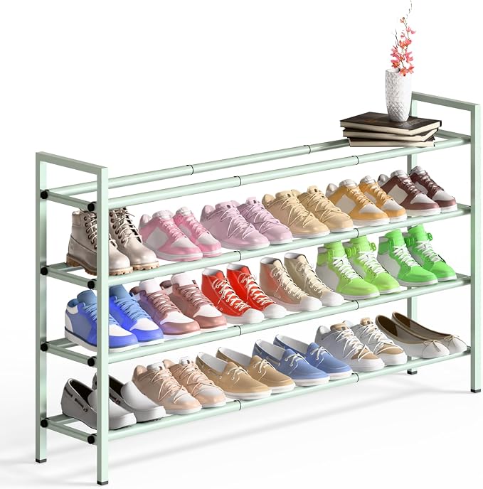 Bumusty 4-Tier Long Expandable Shoe Rack for Closet, 18"-44" Adjustable Shoe Rack for Entryway, 20-24 Pairs Large Shoe Organizer Shelf Storage, Sturdy Metal, Green by BUMUSTY