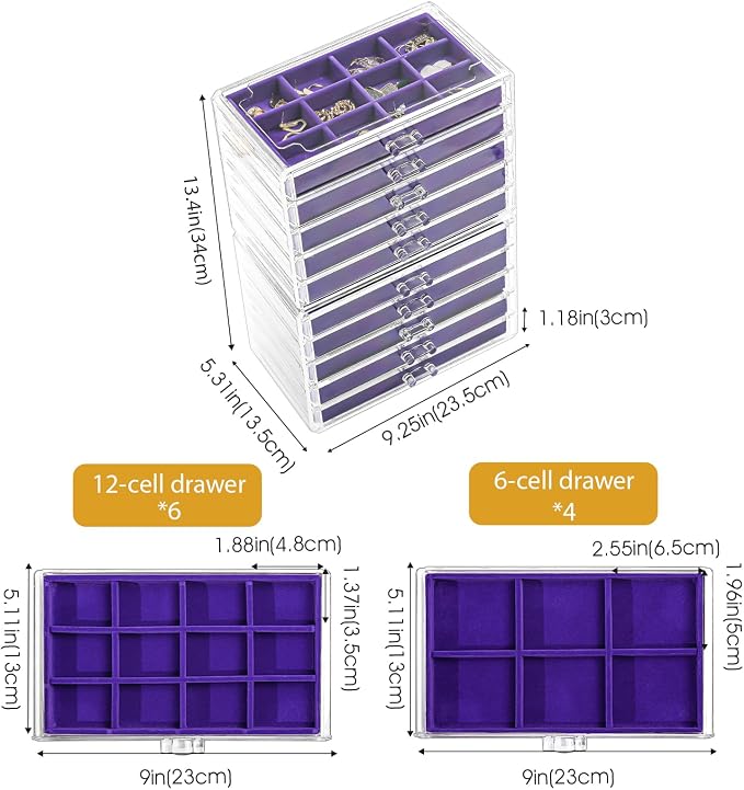 ProCase Earring Holder Organizer Jewelry Box with 10 Drawers, Acrylic Clear Earring Case with Adjustable Velvet Trays for Women - Purple,10 Layers - Image 4