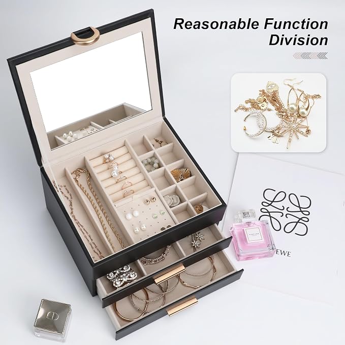 Women's Luxury Jewelry Armoire with Mirror - Compact 2-Drawer Chest with Ring Rolls & Necklace Hooks, Ideal Gift for Women Black - Image 5