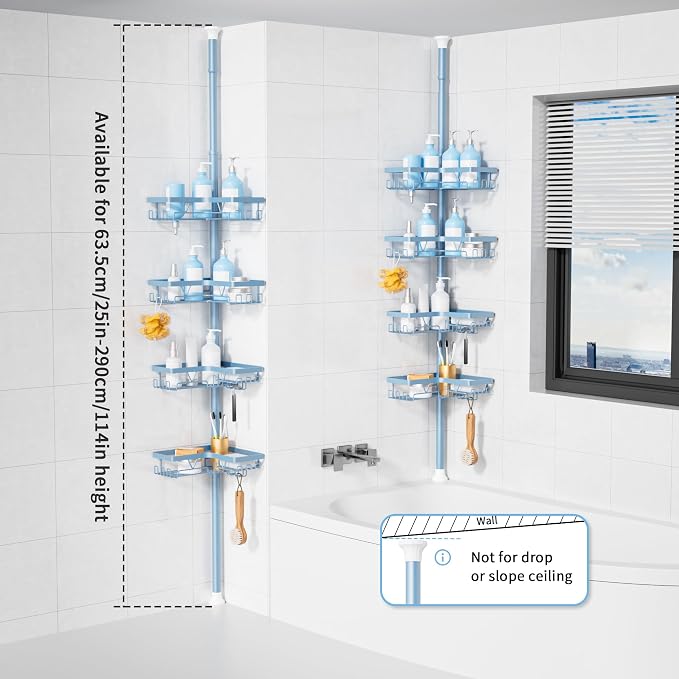 KEGII Shower Caddy Tension Pole, 4-Tier Rustproof Adjustable Corner Bathroom Organizer for Renters, 25–114.2 Inch No Drill Space-Saving Shower Storage Rack, Blue - Image 6