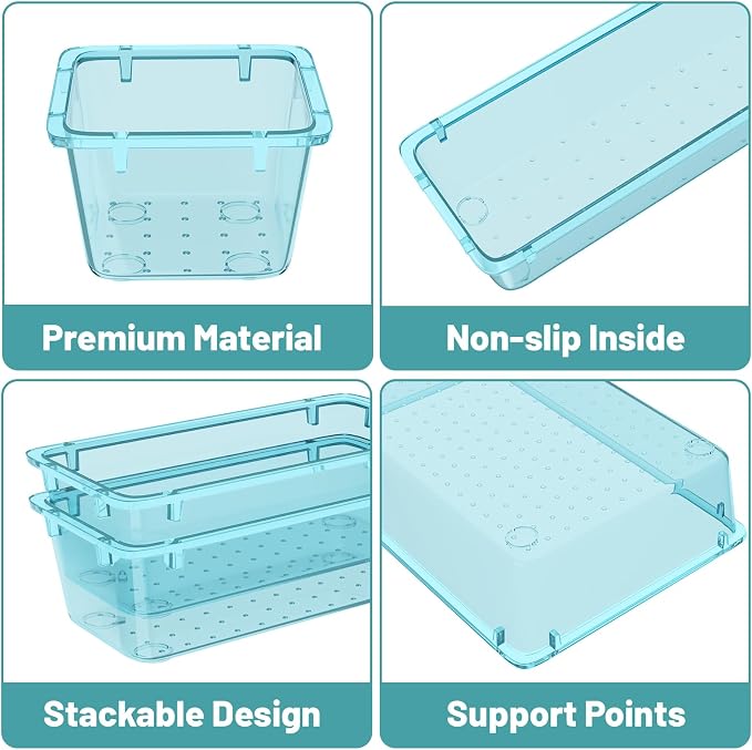 WOWBOX 24 PCS Plastic Drawer Organizer Set, 4 Sizes Desk Drawer Organization and Storage Containers for Makeup, Cosmetics, Jewelry and Gadgets in Kitchen, Bathroom, Bedroom, Office, Clear Sea Blue - Image 2