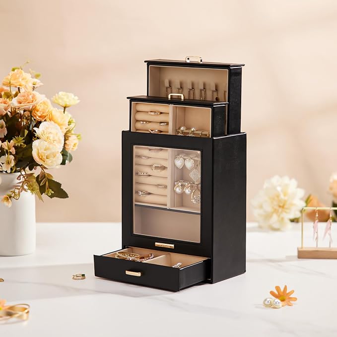 Homde Mothers Day Gifts Jewelry Organizer Girls Women Jewelry Box for Necklaces Rings Earrings Gift Bracelets Storage Case (Black + Gold) - Image 9