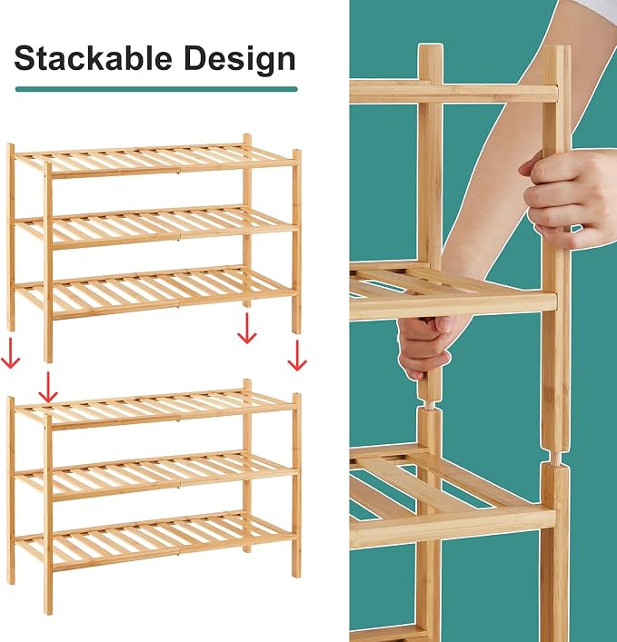 viewcare 6-Tier Bamboo Shoe Rack for Entryway, Stackable | Foldable | Natural, Shoe Organizer for Hallway Closet, Free Standing Shoe Racks for Indoor Outdoor - Image 5