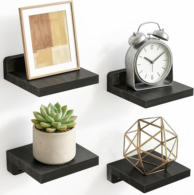 Fixwal Wall Shelves, 5x5 Inches Small Floating Shelf, Rustic Wood Wall Mounted Shelves for Bedroom, Living Room, Kitchen, Bathroom Decor (Set of 4, Black) by Fixwal