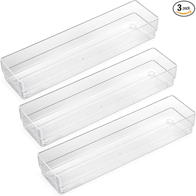 LotFancy Clear Drawer Organizers, 12” x 3” x 2”, Set of 3, Drawer Organizer Trays for Desk, Plastic Storage Bins for Bathroom, Makeup, Utensils, Stackable by LotFancy