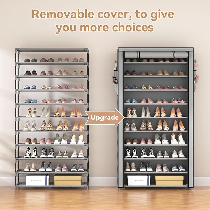 ROJASOP Shoe Rack with Covers, Stackable 10 Tier Tall Shoe Shelf Storage 50-55 Pairs Shoes and Boots Large Capacity Vertical Shoe Rack Organizer for Closet Entryway Garage Bedroom, Grey - Image 5