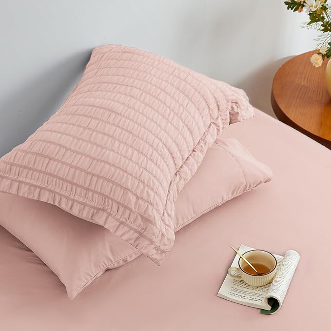 Love's cabin Seersucker Pink California King Comforter Set, 7-Piece All Season Lightweight Bed in a Bag Bedding Set with Comforter, Flat Sheet, Fitted Sheet, Pillowcases and Shams | Soft, Breathable, Lightweight