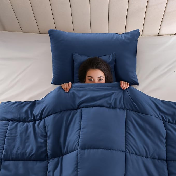 LUX Décor 4pc Twin Comforter Set, All-in-One Bed in a Bag, Includes 1 Comforter, 1 Pillow Shams, 1 Decorative Pillow & 1 Bed Skirt (Navy Blue, Twin)