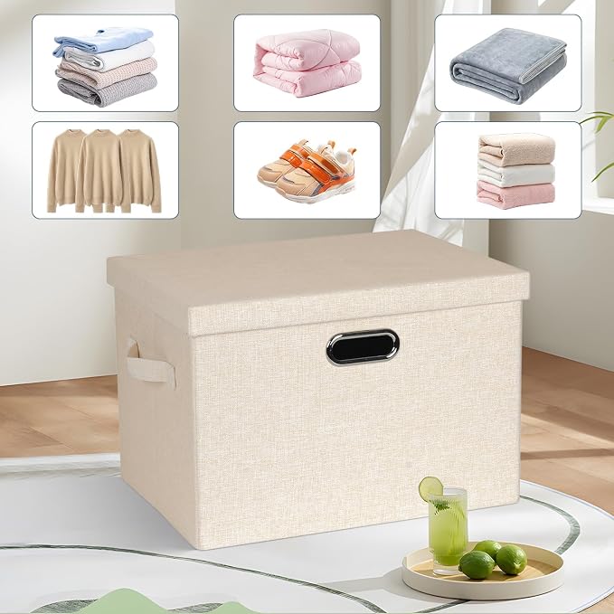 Graciadeco Large 17" 36 Quart Collapsible Stackable Storage Bins with Lids, 3 Packs Light Orange Linen Fabric Closet Boxes with Lids, Storage Cube Baskets Container Organizers for Office (17x12x11) - Image 6