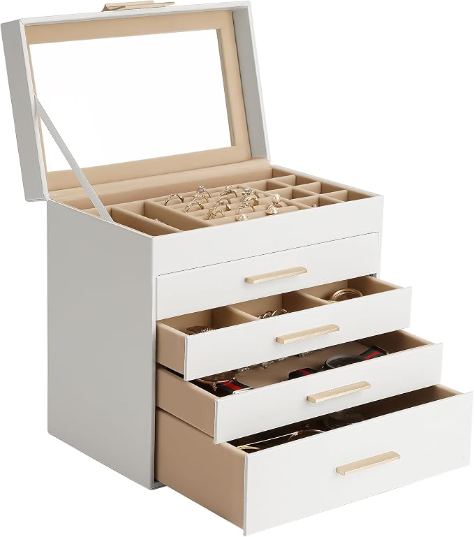 Somduy Jewelry Box, 5 Layers Jewelry Storage Display Box with Glass Lid for Women, 4 Drawers,Large Capacity for Necklace Earrings Bracelets Rings,White - Image 8