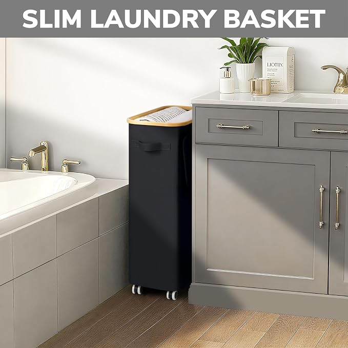 Goodpick Slim Laundry Basket with Wheels and Lid, 75L Rolling Laundry Hamper for Dorm Home Decor, Large Clothes Hamper with Bamboo Frame Removable Bag, Black, 17" x 9.8" x 29.5" - Image 6