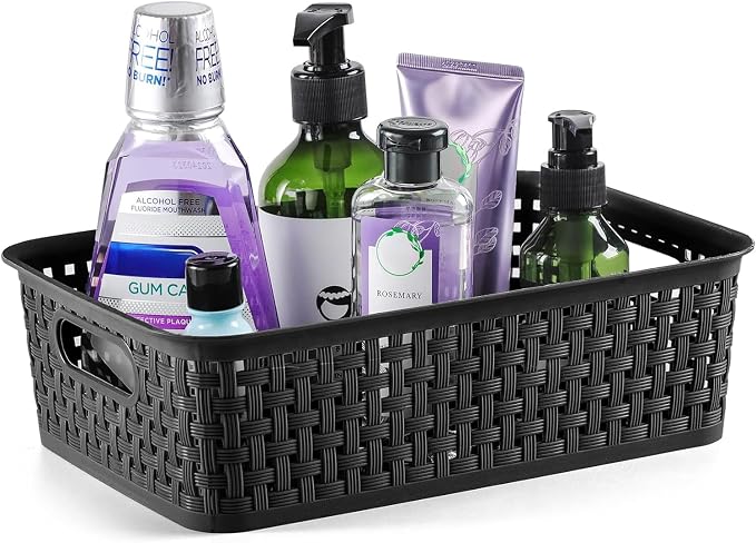 [ 8 Pack ] Plastic Storage Baskets, Small Pantry Organization and Storage Bins, Household Organizers for Laundry Room, Bathrooms, Kitchens, Cabinets, Countertops, Under Sink or Shelves, Black - Image 2
