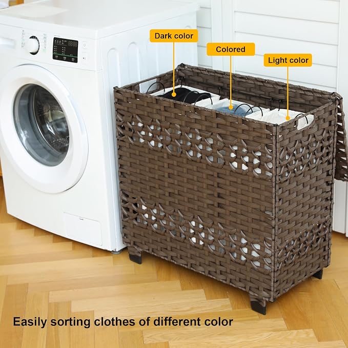 OIAHOMY Laundry Hamper with Lid, 140L Clothes Hamper with 3 Removable Liner Bags, Foldable Basket with Lid, Synthetic Wicker Laundry Basket for Bedroom, 27x 13 x 26 Inches, Brown - Image 5