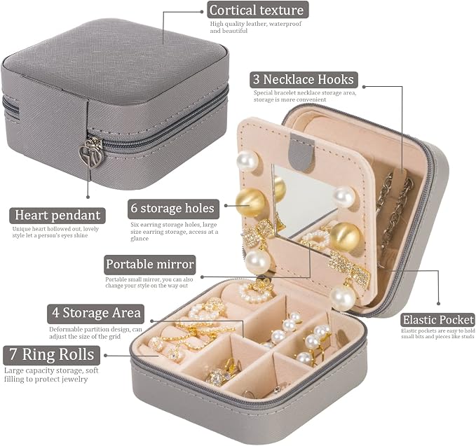 KElofoN Travel jewelry case Travel jewelry box Travel Jewelry Organizer Small Jewelry Organizer Box Gift for Girls Women with Mirror(Grey) - Image 3