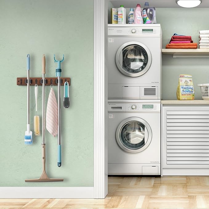 OUTNILI Mop Broom Holder Wall Mount with 3 Slots & 4 Hooks - Wood Broom Mop Hanger for Pantry Kitchen Organization - Garden Tool Organizer for Closet Laundry Room - for Rustic Farmhouse Kitchen Decor - Image 2