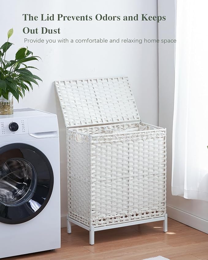 SETVSON Laundry Hamper with Lid,112 L Handwoven Rattan Wicker Laundry Basket, 2 Removable Liner Bags Metal Heightened Feet,6 Mesh Bags,2 Section Large Clothes Hamper for Bathroom Bedroom, Cloud White - Image 7