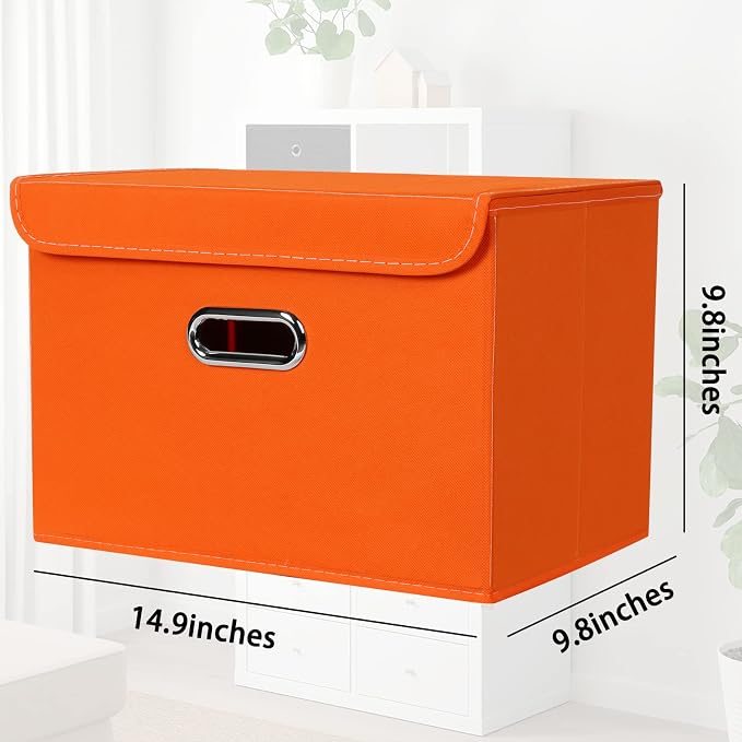 STOREONE Fabric Storage Cube Bins Foldable Organizer Container Collapsible Basket with Lids and Metal Handles, for Home, Bedroom, Closet 3 Pcs (Orange) - Image 2