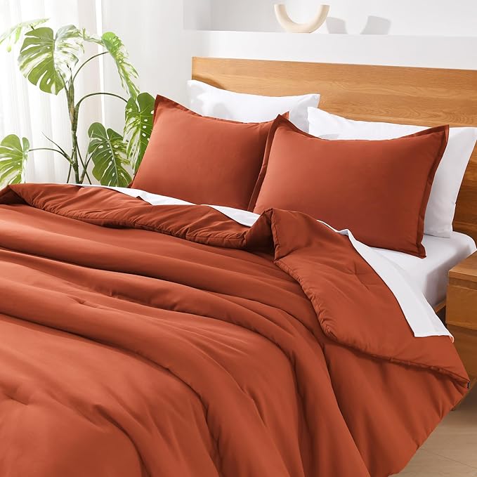 Andency Burnt Orange King Size Comforter Set - 7 Pieces Terracotta Bed in a Bag King Bedding Comforter Sets, Summer Solid Soft Lightweight Comforter with Sheets, Pillowcases & Shams