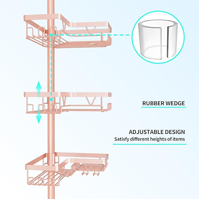 DAOYA Corner Shower Caddy Tension Pole - 4‑Tier Adjustable Shower Shelf Organizer Space‑Saving Bathroom Storage for Bathtub or Floor, Apricot - Image 5
