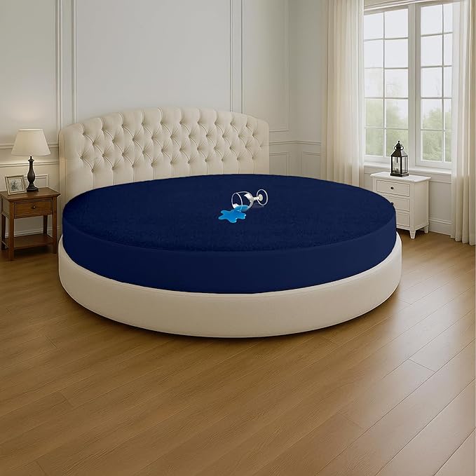 SGI Bedding Waterproof Round Mattress Protector 84" Diameter– 15" Deep Pocket Fitted Style Terry Cotton Mattress Pad Cover, Soft, Breathable & Noiseless, Spills & Stains Bed Protection – Navy Blue