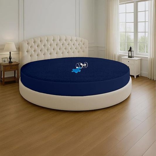 SGI Bedding Waterproof Round Mattress Protector 84" Diameter– 15" Deep Pocket Fitted Style Terry Cotton Mattress Pad Cover, Soft, Breathable & Noiseless, Spills & Stains Bed Protection – Navy Blue
