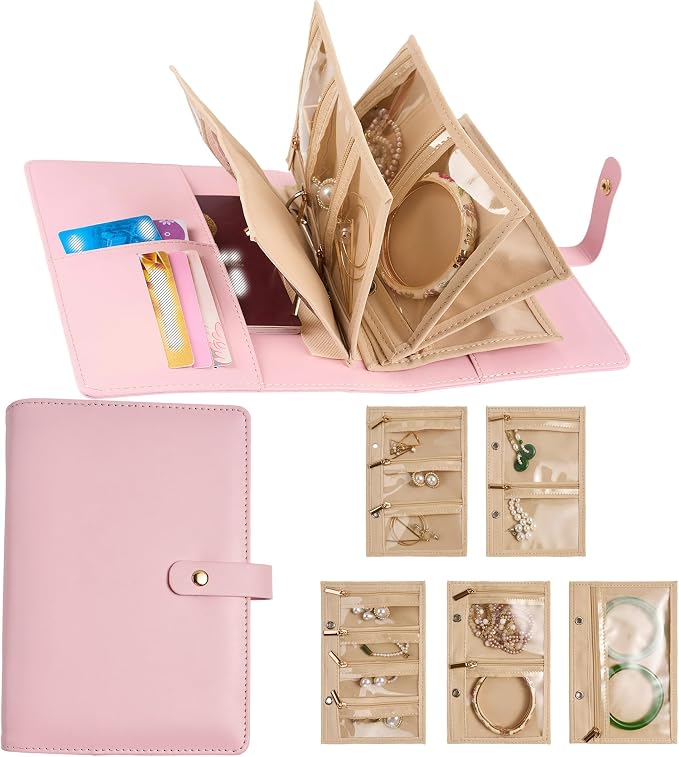 PU Leather Travel Jewelry Storage Box - Jewelry Binder Organizer with Zipper Velvet Pouches Bracelet Earring Rings Necklaces Jewelry Binder Gift for Women -Pink by SEVENBEES