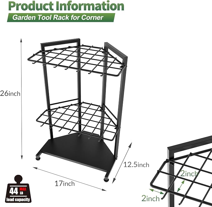 Garden Tool Organizer for Corner - Heavy Duty Metal Rack with 34 Storage Compartments & 14 Hooks for Shovels, Rakes, Long-Handled Tools, Ideal for Garden, Shed, Garage Storage - Image 6