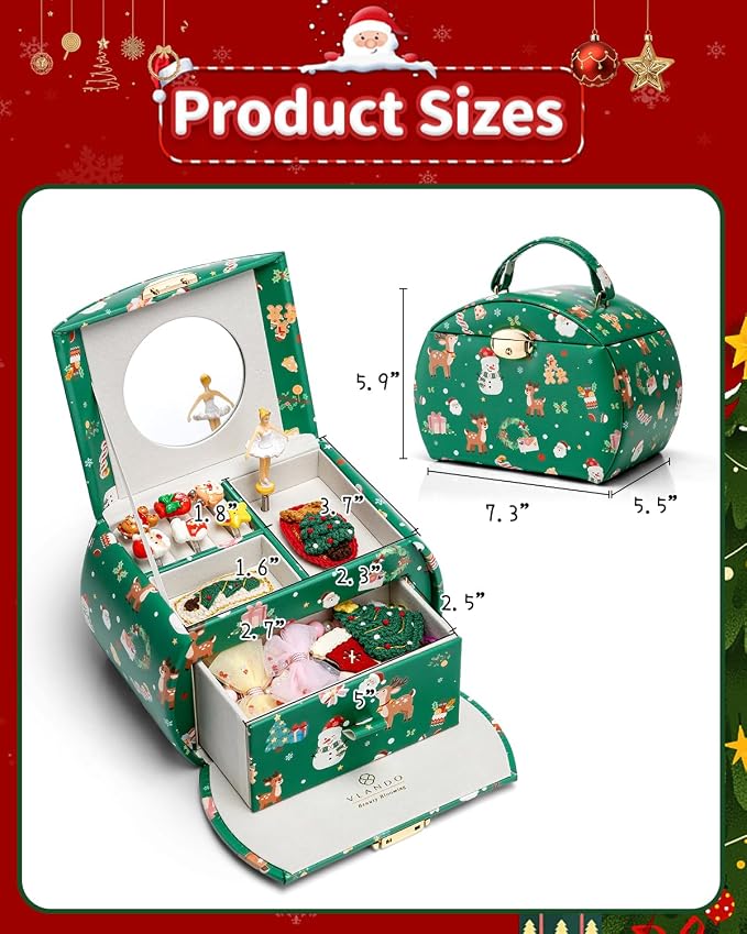 VLANDO Kids Musical Jewelry Box for Girls with Drawer, Music Box with Ballerina and Stickers for Birthday Bedroom Decor, Holidays Gifts for Girls Kids - Christmas Green - Image 5