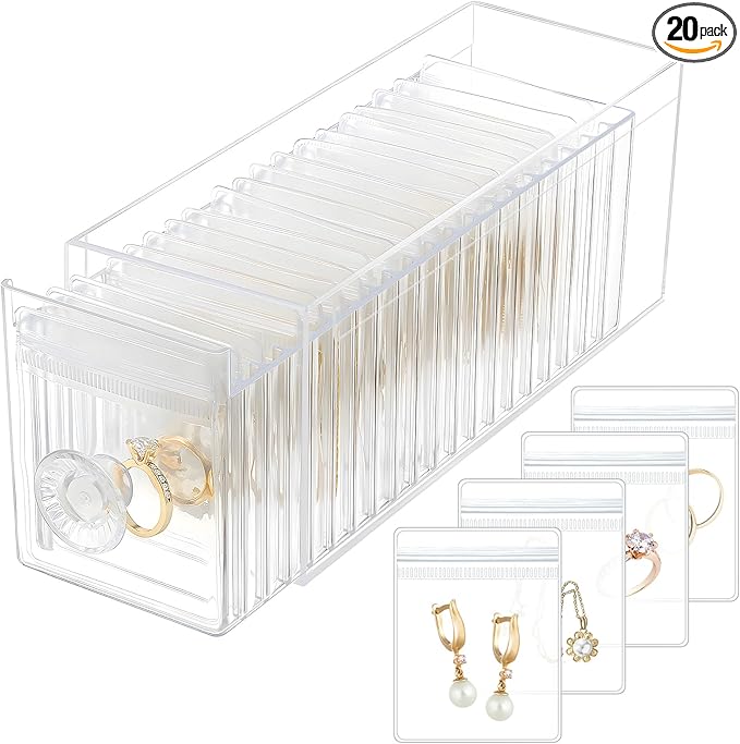HOMEHIVE Clear Acrylic Jewelry Organizer Box with 20 Portable Pouches, Jewelry Storage Case for Women Girls, Tangle-Free, Anti-Tarnish, Compact Storage for Necklaces/Earrings/Rings, Upgraded Clear by HOMEHIVE