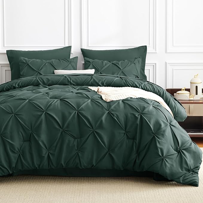 CozyLux Full Size Comforter Sets Forest Green, 7 Pieces Bed in A Bag Green Comforter Full Size, Pinch Pleat Bedding Sets with All Season Comforter, Sheets, Pillowcases & Shams