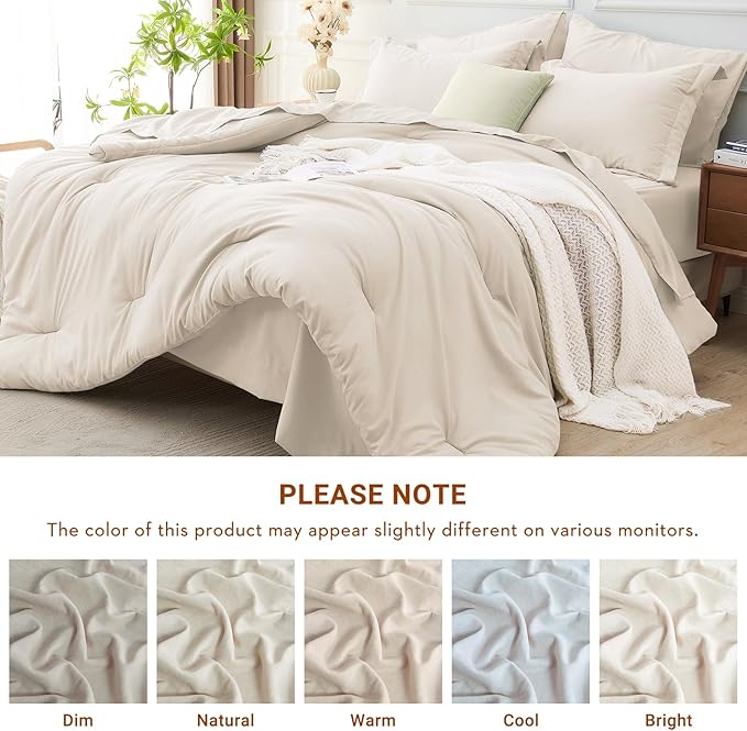 MUXHOMO 5 Pieces Twin XL Comforter Set, Soft Bed in a Bag Twin XL Size, All Season Bedding Set with Comforter, Flat Sheet, Fitted Sheet, Pillowcases & Shams, Beige