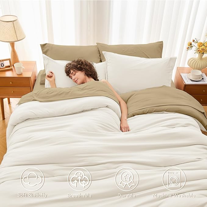 MUXHOMO 7 Pieces Full Comforter Set, Soft Bed in a Bag Full Size, All Season Bedding Set with Comforter, Flat Sheet, Fitted Sheet, Pillowcases & Shams, Ivory & Khaki