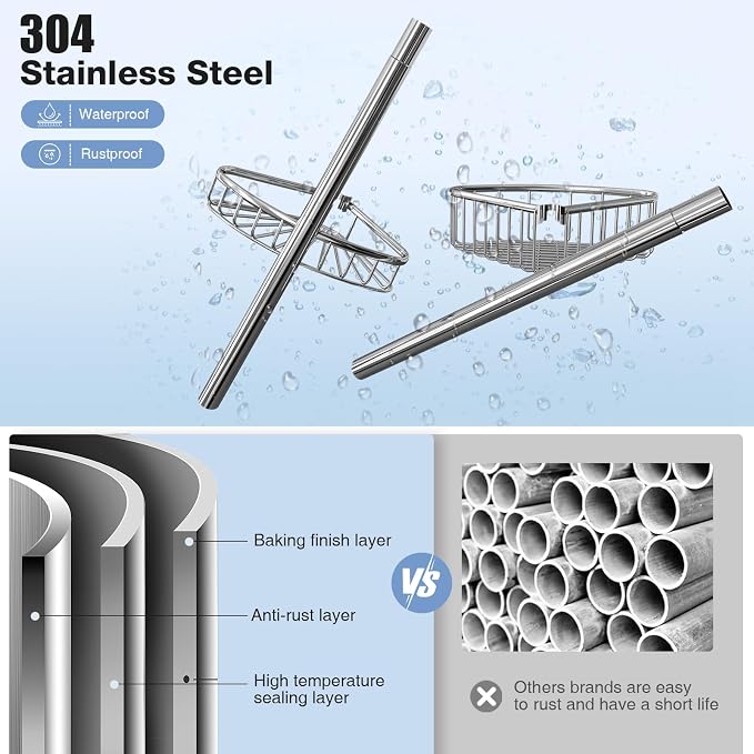 Corner Shower Caddy Tension Pole: Stainless Steel Rustproof 4-Tier Shower Organizer - 47-121 inch Adjustable Bathroom Shelves for Bathtub Shampoo Storage - Tension Rod Floor Standing Bath Rack - Image 4