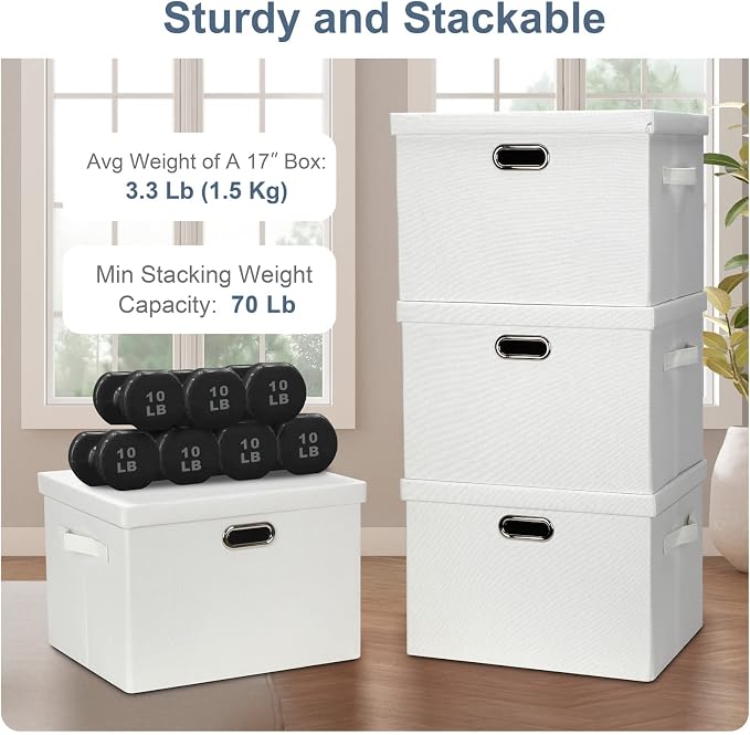 Graciadeco Large 17" 36 Quart Collapsible Stackable Storage Bins with Lids, 5 Packs White Linen Fabric Closet Boxes with Lids, Storage Cube Baskets Container Organizers for Bedroom Office(17 x12 x11) - Image 4