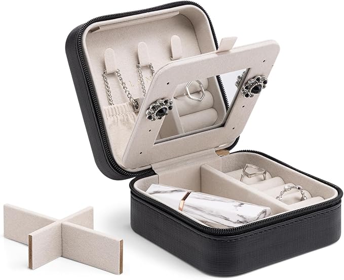 Vlando Small Travel Jewelry Box Organizer - Mirrored Carry-on Jewelries Necklaces Rings Earrings Necklace Storage Case, Black New by VLANDO