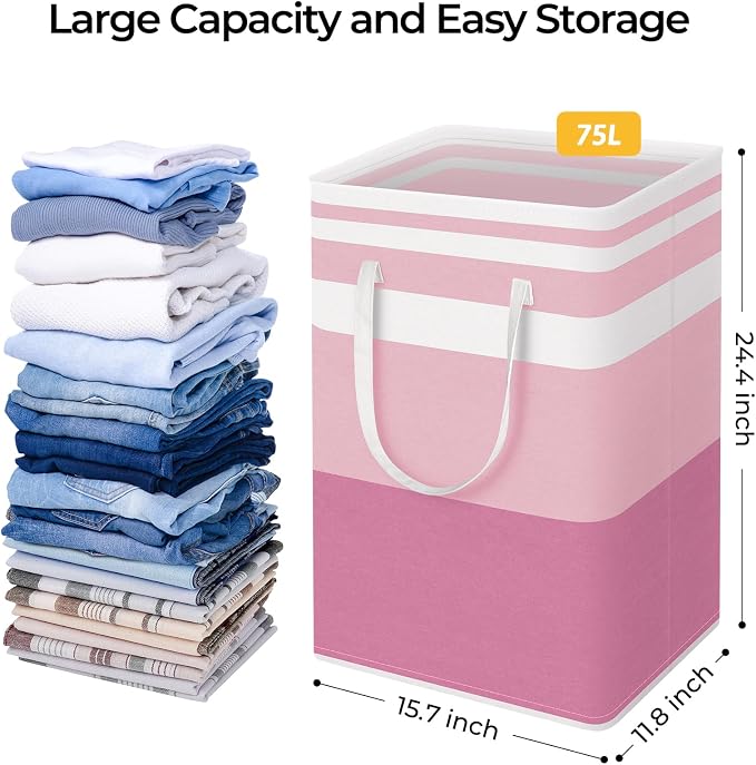 HomeHacks 2 Pack Large Laundry Baskets, Waterproof, Freestanding Laundry Hampers, Collapsible Clothes Hamper with Reinforced Handles in Laundry, College Dorm, Bathroom, Bedroom (Pink, 75Lx2) - Image 4