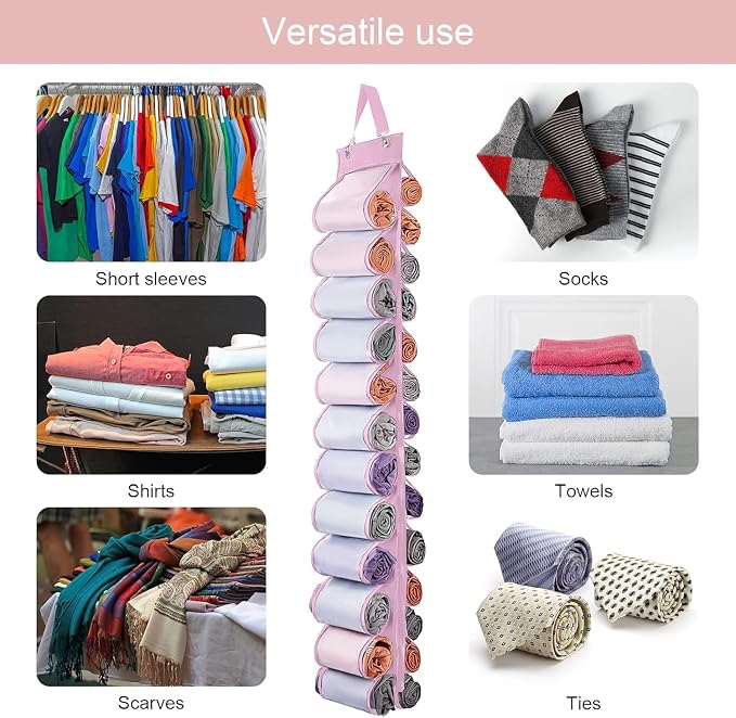 DHSFKBE Legging Organizer Storage, Shirt Organizer, Foldable Hanging Closet Organizer Storage with 26 Roll Independent Compartments for Yoga Pants, Tank Top, Towel, Underwear (Pink) - Image 4