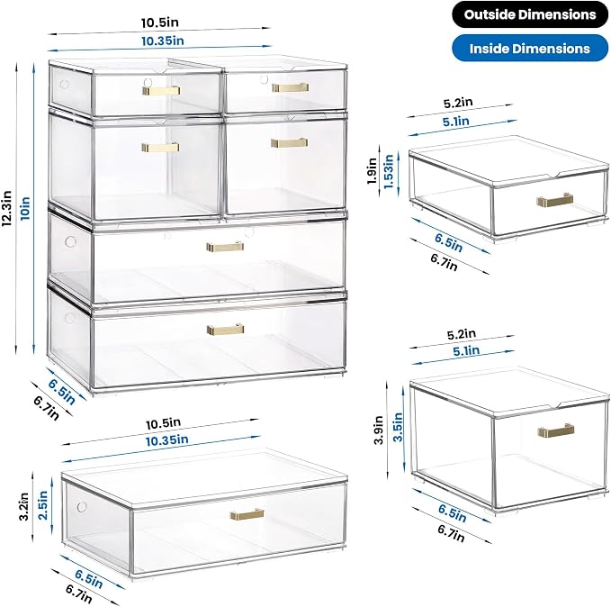 LALOBLUE Stackable Storage Drawers, 6 Pack Clear Acrylic Organizer Bins with Golden Handles, Multi-Size Plastic Drawers for Makeup, Vanity, Kitchen, Bathroom, Office, Pantry Organization and Storage - Image 2