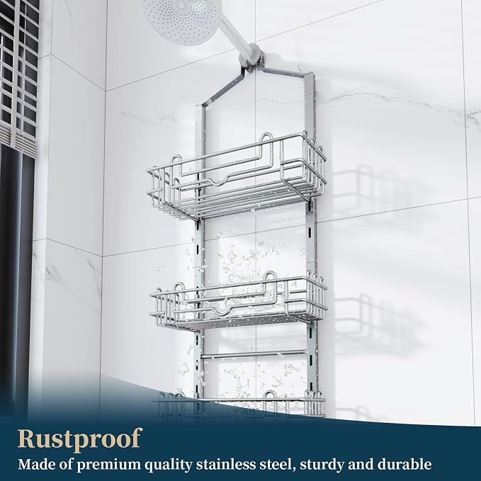 Consumest Shower Caddy Hanging – Rustproof Over Shower Head Hanger with Soap Holder and Hooks, Anti-Slip Shower Shelves for Storage, Bathroom Organizer for Apartment, Dorm, Silver - Image 5