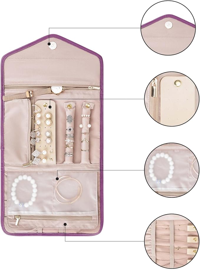 BAGSMART Travel Jewelry Organizer Roll Foldable Jewelry Case for Journey-Rings, Necklaces, Bracelets, Earrings,Purple - Image 7