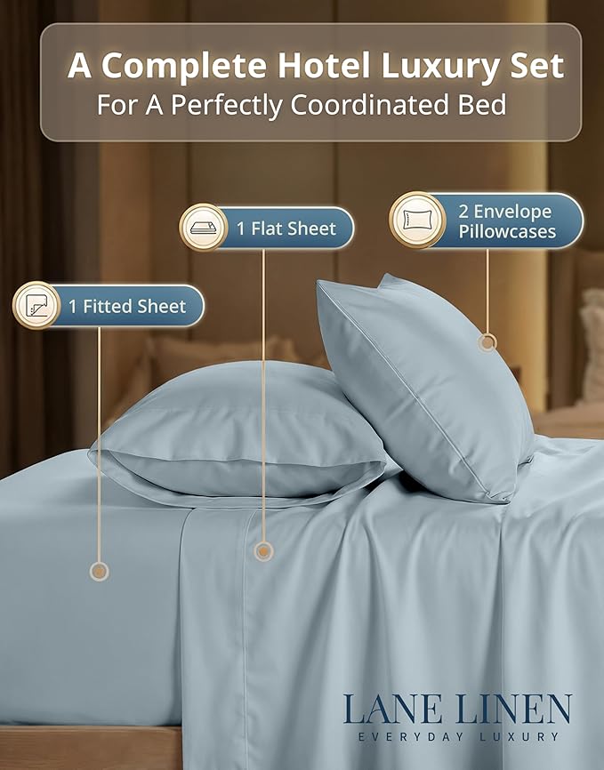 LANE LINEN 100% Cotton Sheets Full Size - Premium Sateen Weave for a Silky Finish - Hotel Collection Sheet Set - Snugly Fits Matresses Upto 15 '' Deep - Oeko TEX Certified Set - French Blue